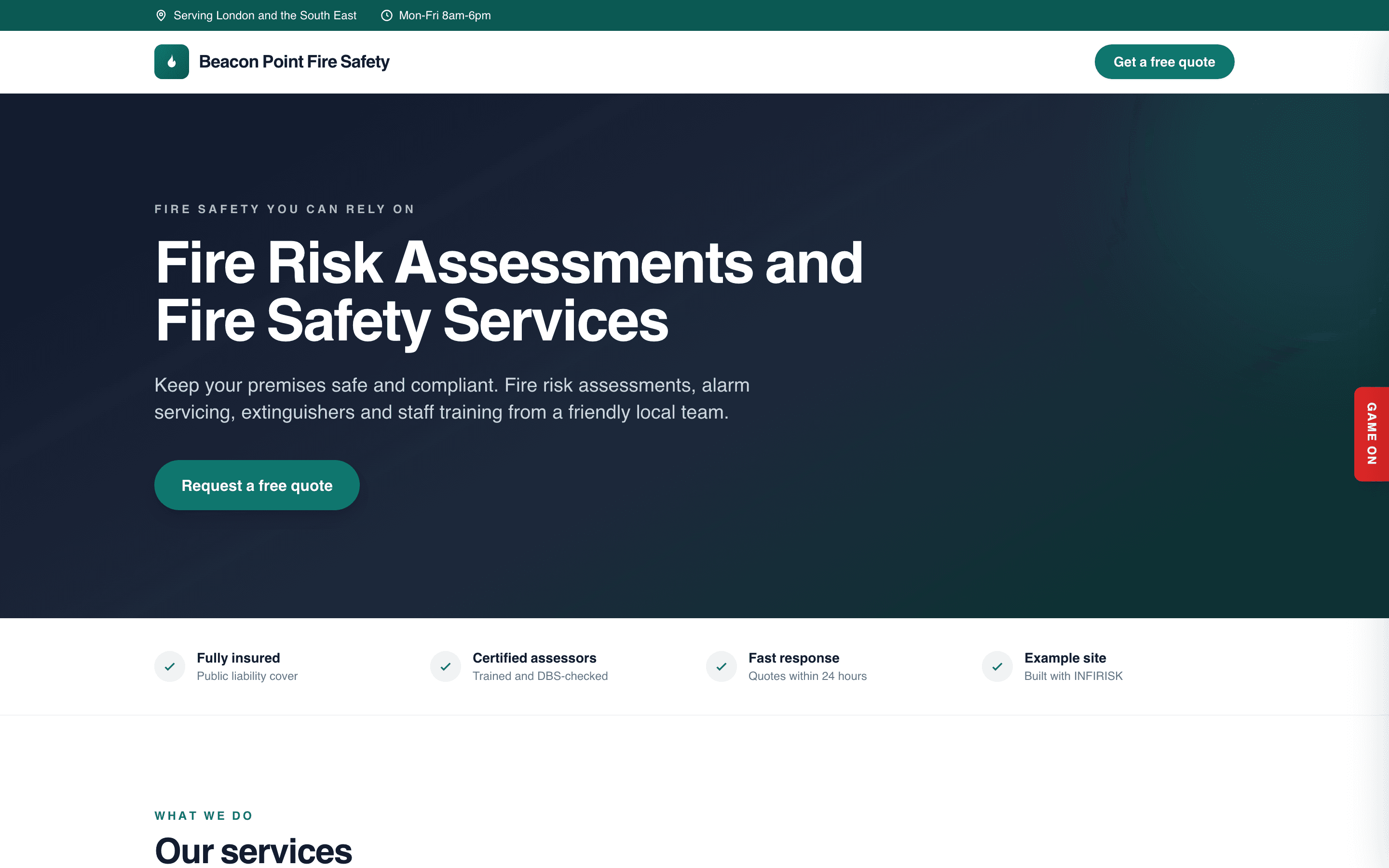 An example fire safety business website built by INFIRISK