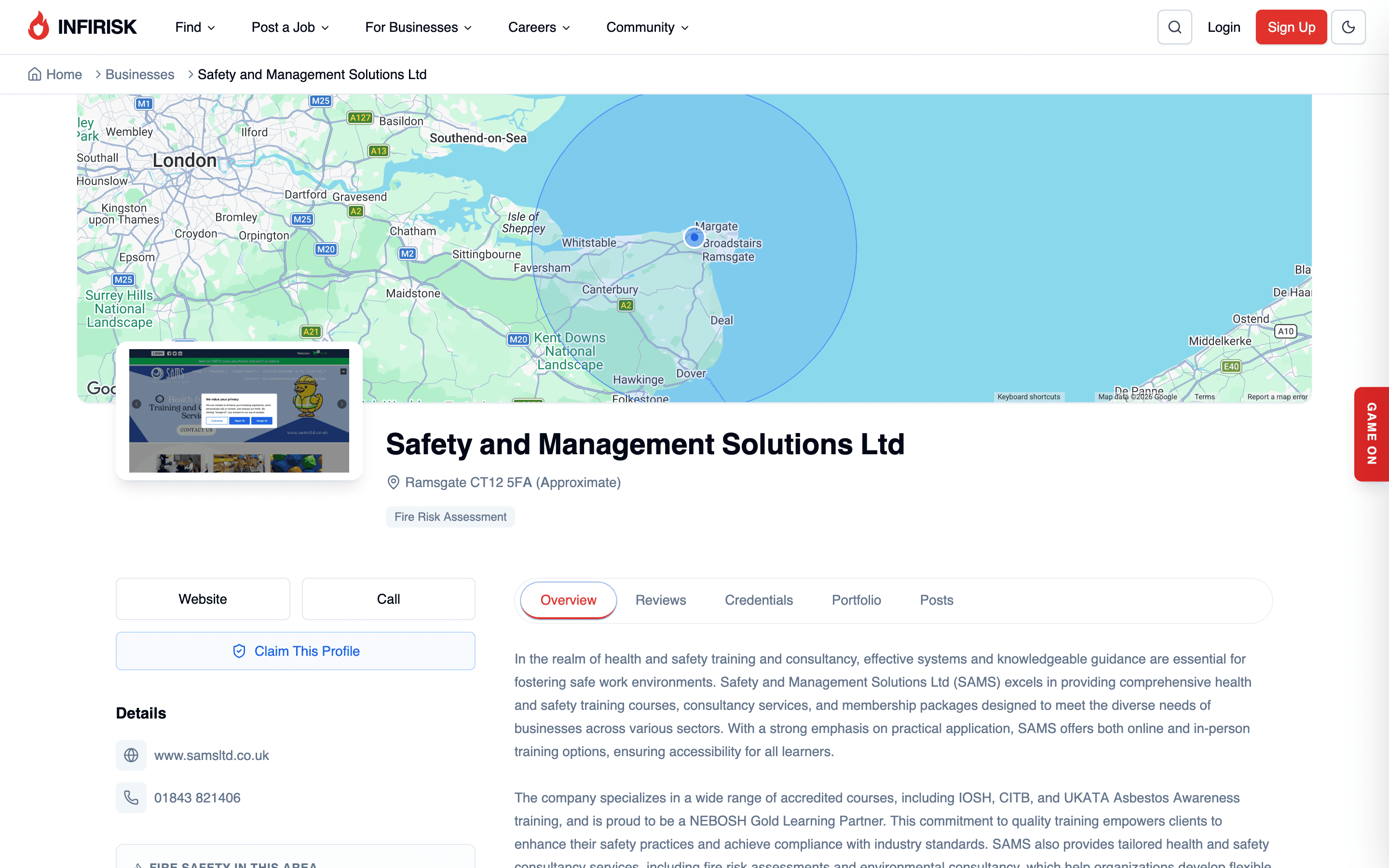 A verified fire safety business profile with credential shields